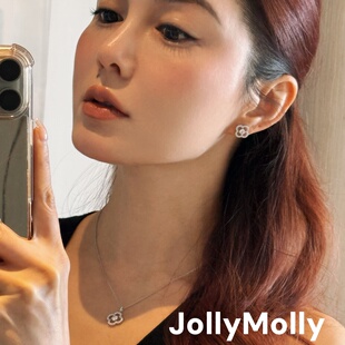 JollyMolly925银原创设计轻奢礼物百搭高碳钻镂空幸运草耳钉项链