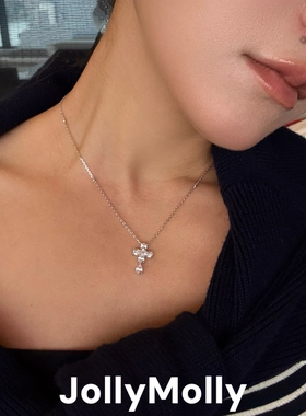 JollyMolly925银原创设计轻奢礼物百搭重工高碳钻水滴十字项链
