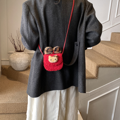 2026新款女童可爱斜挎包卡通蝴蝶结毛绒新年红包女孩压岁钱单肩包