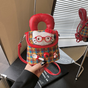 2026新款格子猫咪秋冬可爱儿童包包小女孩手提包女童单肩斜挎包潮