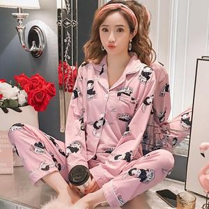 春秋季睡衣女长袖纯棉加大码加肥女士月子开衫翻领套装家居服夏款