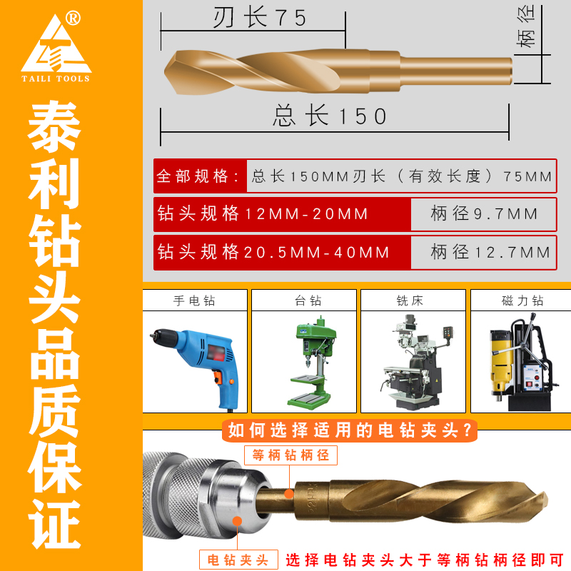 M2小柄麻花钻直柄等柄钻头金属开孔1/2高速钢木工16毫米22mm30mm