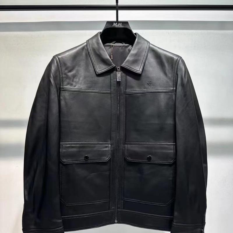 梦家真皮系列男士皮衣绵羊皮卡尔丹款商务休闲款翻领黑色