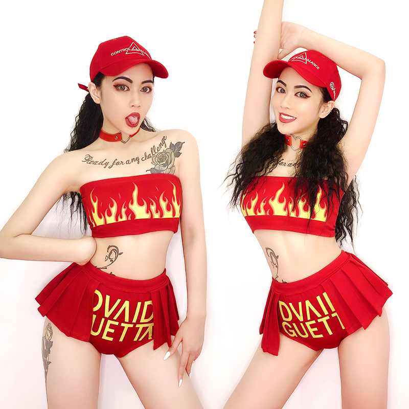 新款酒吧DS演出服装gogo夜店DJ女歌手舞台红色火焰套装啦啦队套装
