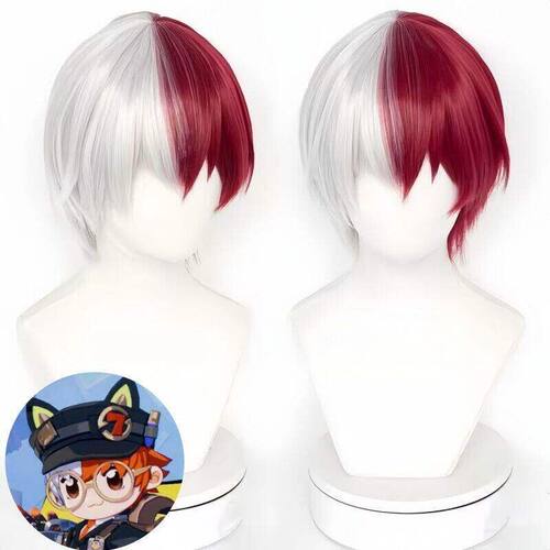 王者荣耀 鲁班七号 时之奇旅 红白渐变双拼短发COSPLAY假发