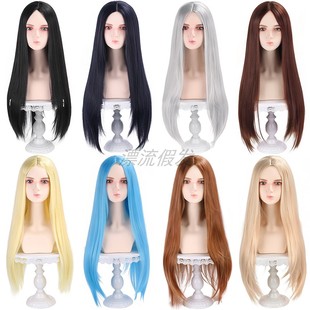 漂流假发 80cm万用COS假发中分长直发黑银灰金棕亚麻色二次元毛胚