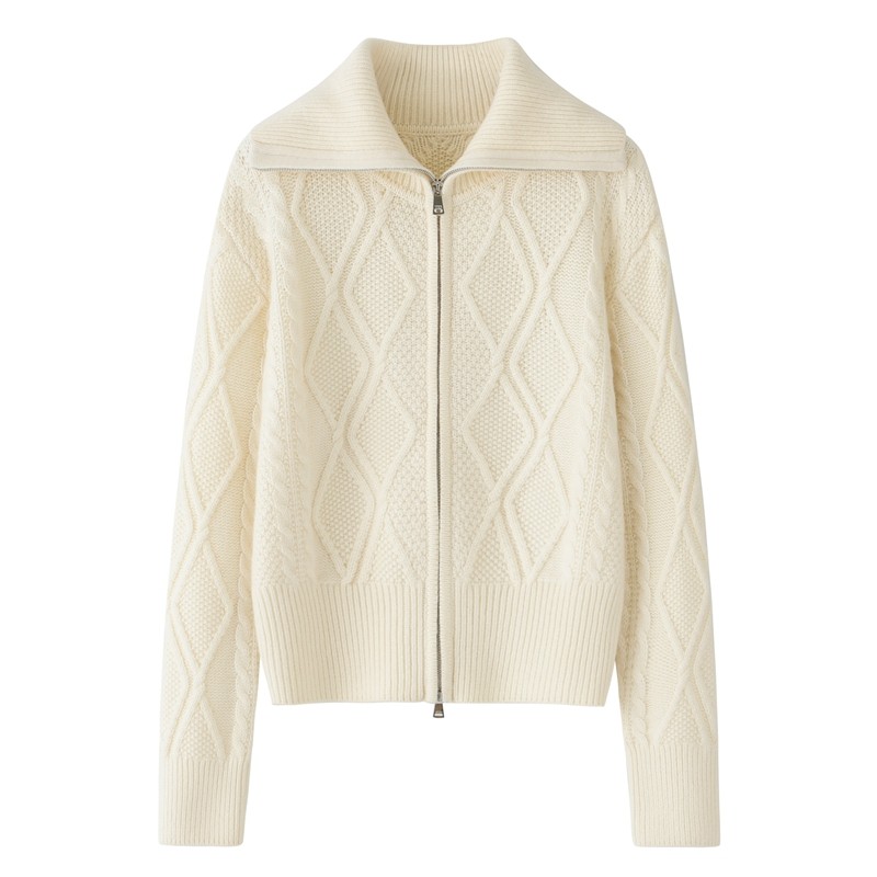 2024春秋大翻领菱形格拉链针织羊绒混纺毛衣外套女开衫,女装/女士精品,羊绒衫,淘宝优惠券,粉丝福利购,淘宝优惠卷