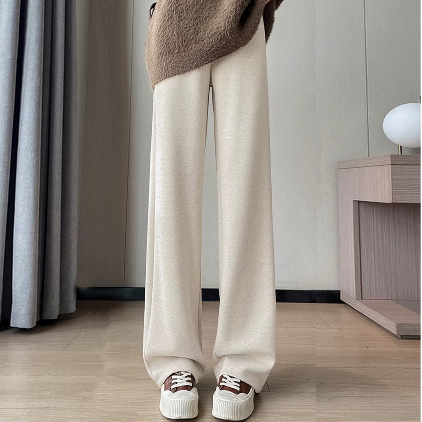 杏色窄版醋酸羊毛阔腿裤女裤