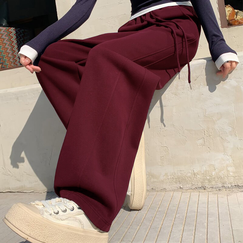 酒红运动裤女秋冬2025新款高腰休闲卫裤子加绒窄版香蕉直筒阔腿裤,女装/女士精品,休闲裤,淘宝优惠券,粉丝福利购,淘宝优惠卷