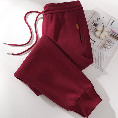 安可拉红束脚运动裤女秋冬