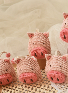 高品质纯手工毛线编织卡通抽拉式钥匙包小猪车用汽车钥匙收纳袋