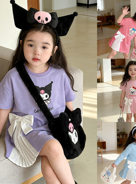 甜美ins女童连衣裙2026女孩夏季ku洛米紫色宝宝短袖T恤裙蝴蝶结