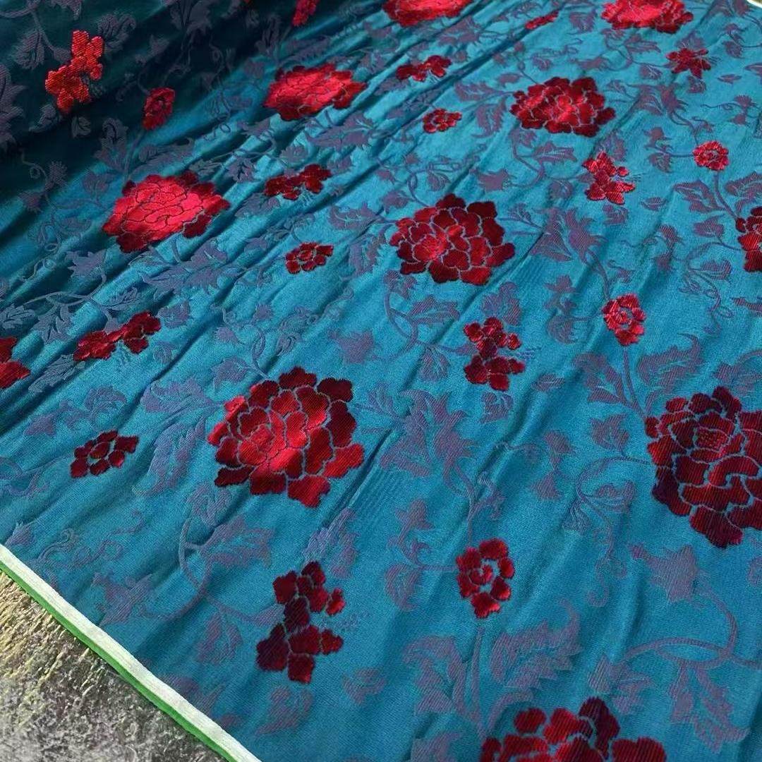 藤珊高端丝绸 漳绒缎面料蓝缠枝牡丹70门幅100桑蚕丝