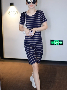 撤柜尾单外贸针织亮丝条纹连衣裙女中长款T恤裙欧货大版亮丝藏肉