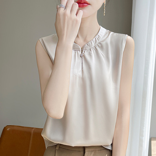 女内搭衬衣背心打底新款 秋季 衬衫 醋酸缎面无袖 国风 中式