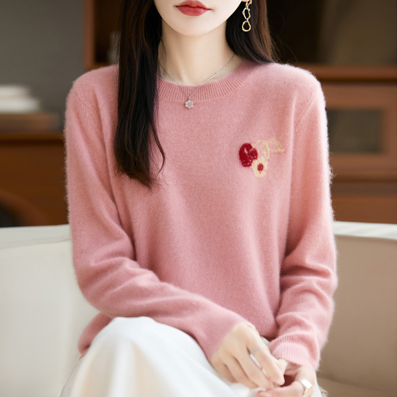 秋冬新款女圆领套头长袖毛衣纯色宽松休闲纯羊毛针织打底衫
