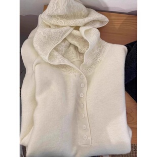 花影浮织千金风白色镂空荷叶边针织开衫 女75%山羊绒25%桑蚕丝毛衣