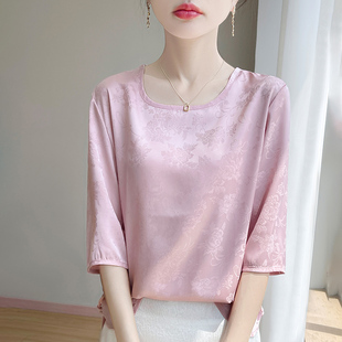 女中式 T恤衫 国风提花款 式 25年夏季 显瘦上衣半袖 丝滑缎面圆领短袖
