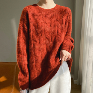 重磅慵懒风绞花圆领山羊绒桑蚕丝针织毛衣女宽松秋冬季加厚针织衫