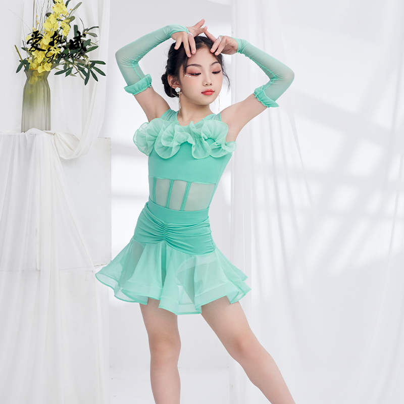 爱热威新款拉丁舞服女童夏季练功服套装专业练习演出服装洋气少儿