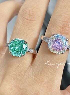 高级感轻奢百搭八角玫瑰切帕拉伊巴戒指高碳钻艳丽彩宝渐变指环