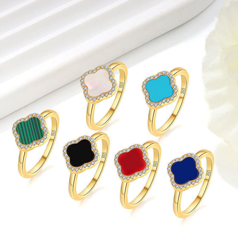 S925纯银四叶草黑玛瑙戒指