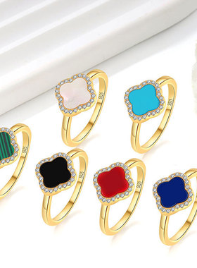 S925纯银四叶草黑玛瑙戒指