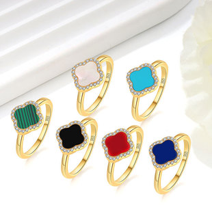 欧美爆款S925纯银四叶草黑玛瑙戒指白贝母指环亚马逊Silver ring