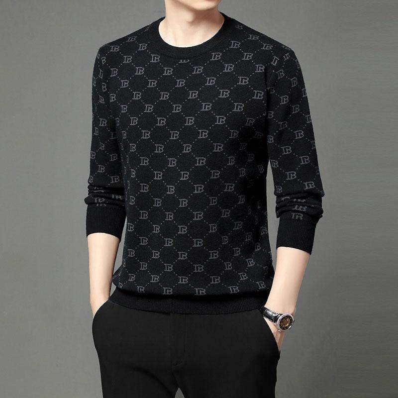 春秋季男士针织衫圆领薄款毛衣修身打底衫字母提花小衫大码线衣