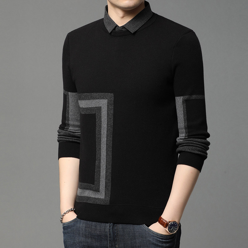 秋季新款男士衬衫领毛衣假两件圆领针织衫韩版修身套头打底衫线衣