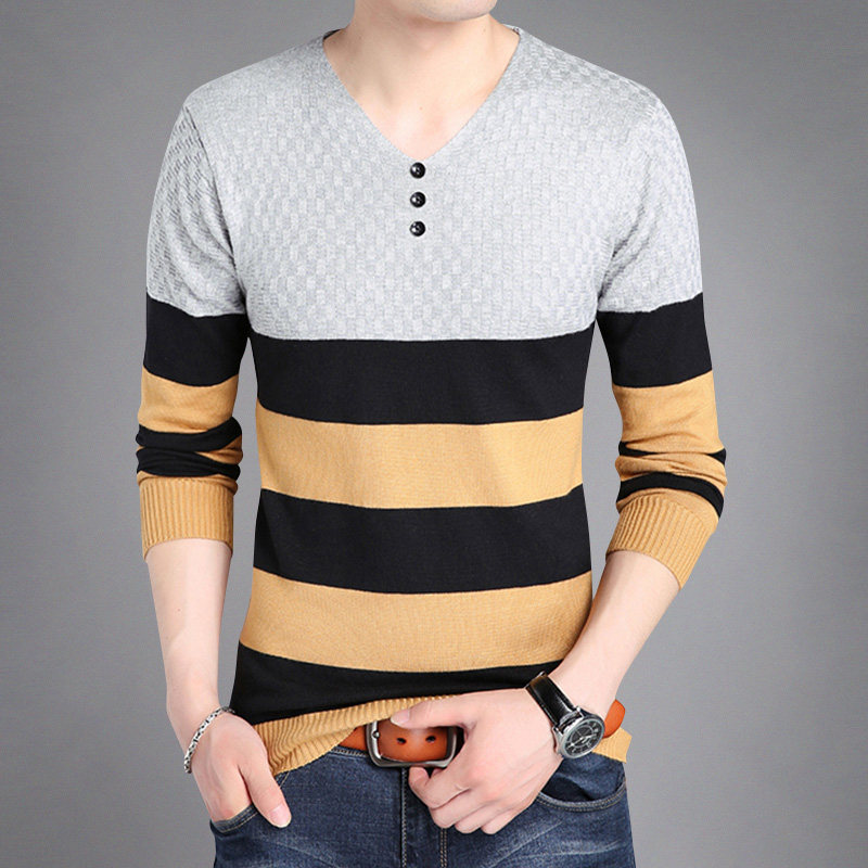 秋季新款V领男士长袖T恤薄款韩版修身条纹针织打底小衫大码潮男装