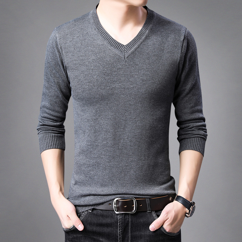 春秋男士长袖T恤薄款V领针织衫韩版修身男装鸡心领毛衣纯色打底衫