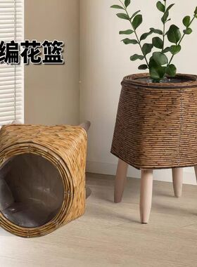 北欧藤编花架三角支架花盆桌面