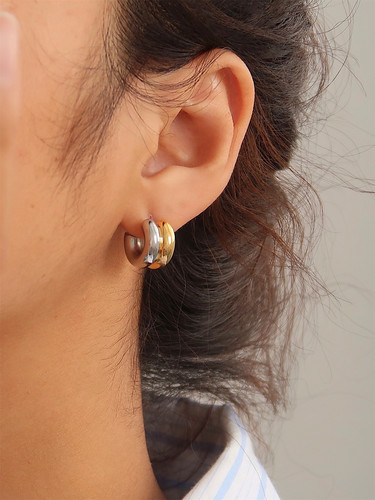 法式钛钢镀18K金金银撞色C形耳环