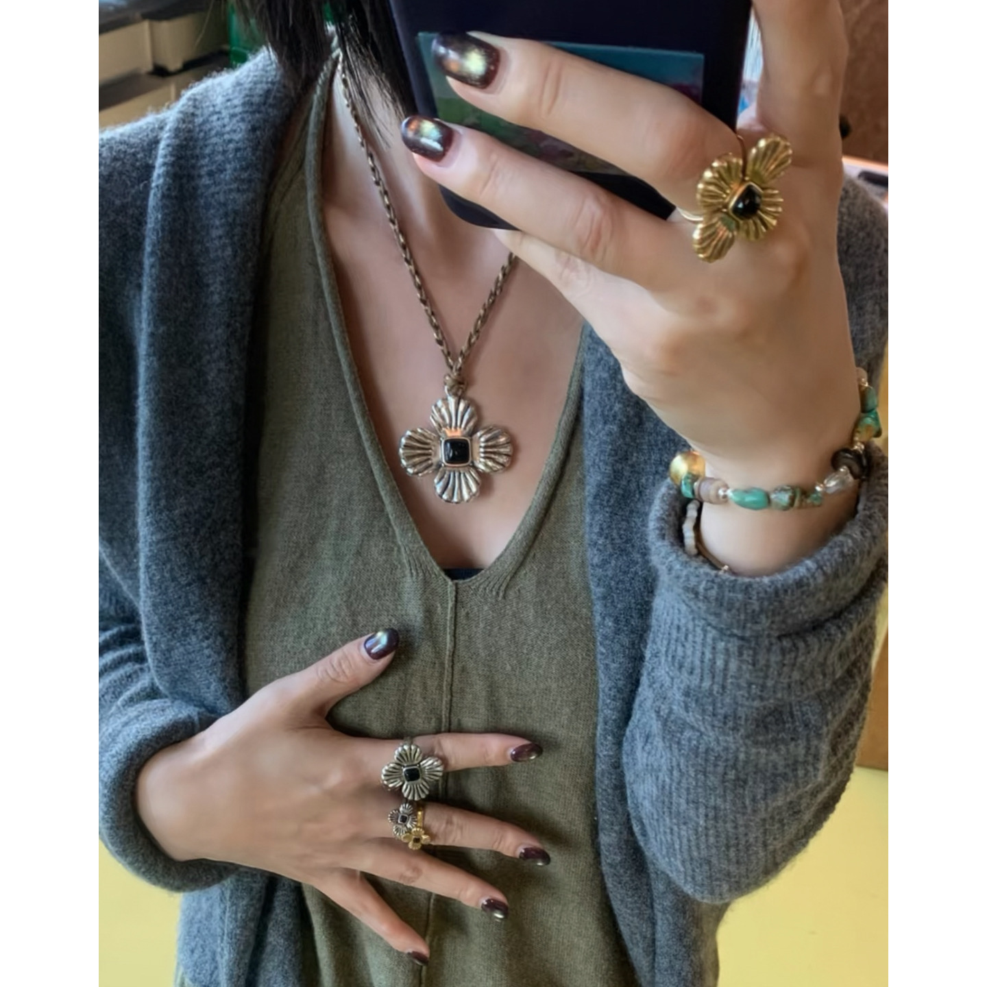 Lazy贝壳花编绳复古金银四叶草吊坠长款毛衣链  可调节幸运草戒指