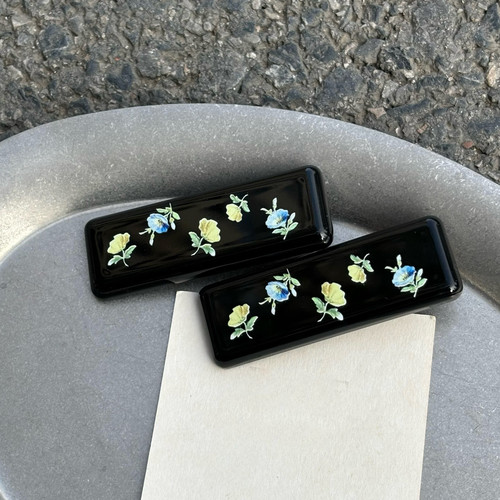 Mona同款新中式复古花朵方形高级发夹  黑色日常搭配边夹发夹女