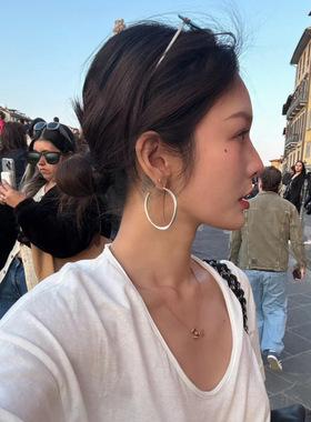 925银针博主nana同款哑光银色素圈耳环 日常极简时髦搭配Hoop耳圈