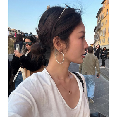 925银针博主nana同款哑光银色素圈耳环 日常极简时髦搭配Hoop耳圈