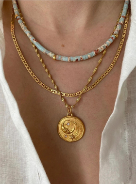 欧美Hermina athen*s同款蛇皮纹天然石项链 星月钱币叠戴蛇骨链女