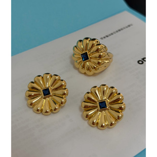 925银针秋冬轻奢蓝纹石金属花蕊耳环  金色夸张显瘦显白时髦戒指