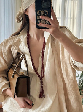 ashui同款红色玛瑙流苏串珠长款项链  Le Sundial时尚博主耳环女