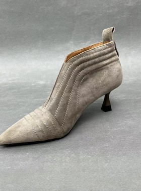 跟高5厘米A292-R21高跟尖头时尚时装靴羊皮秋冬女鞋短靴灰色刺绣