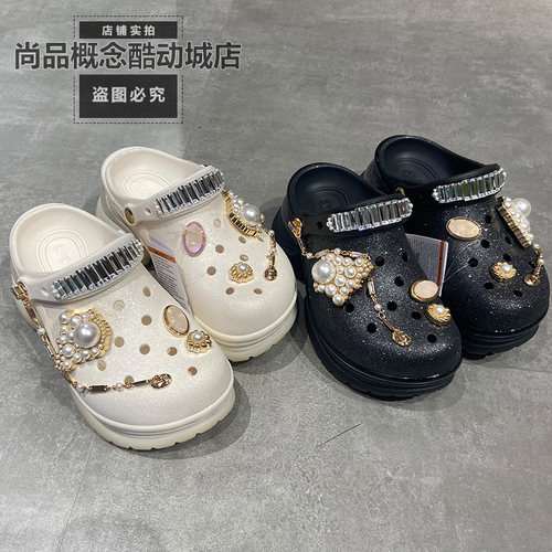 Crocs卡骆驰夏女遇见小海豚透气厚底增高洞洞凉拖鞋214116 214115