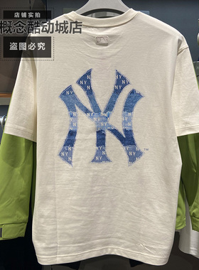 MLB春款NY老花大标男女情侣款仿牛仔宽松运动短袖T恤3ATSM0663