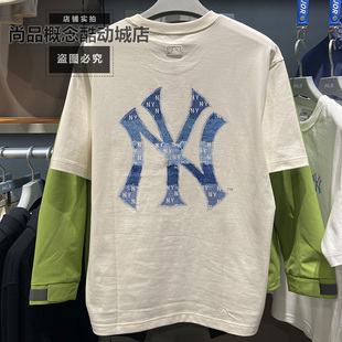 MLB春款NY老花大标男女情侣款仿牛仔宽松运动短袖T恤3ATSM0663