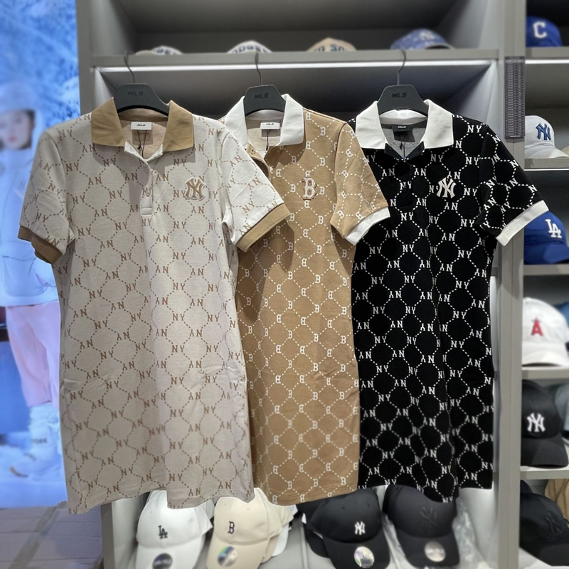 MLB复古老花翻领直筒连衣裙