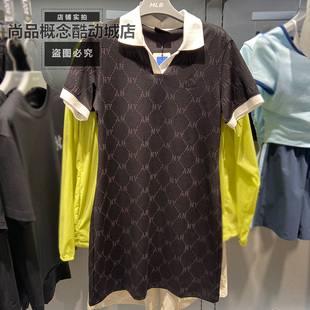 MLB春夏女款V领运动休闲宽松满印NY短袖T恤裙子连衣裙3FOPM0263