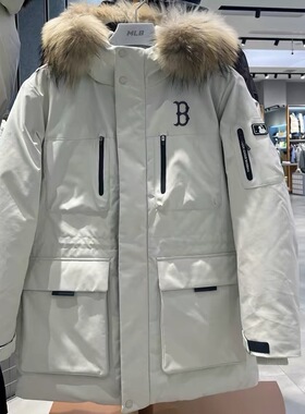 MLB冬季男女款休闲运动防风保暖工装鹅绒毛领连帽羽绒服3ADJB0656
