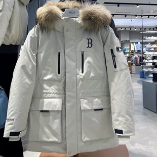 MLB冬季男女款休闲运动防风保暖工装鹅绒毛领连帽羽绒服3ADJB0656