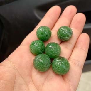 天然和田玉碧玉16mm雕花珠子手工雕刻菠菜绿碧玉单珠散珠diy配饰